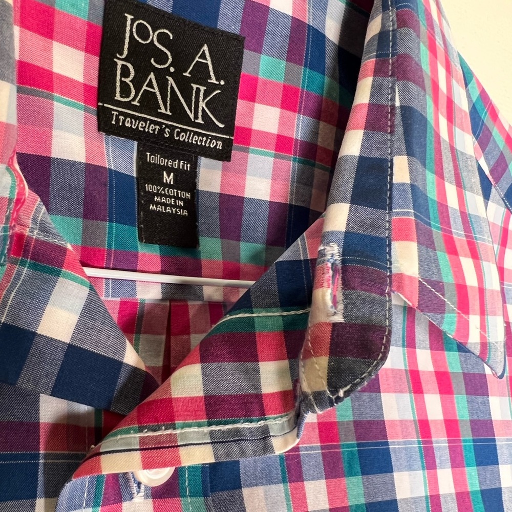 Jos. A. Bank dress shirt. Medium, red, navy and green checkered.